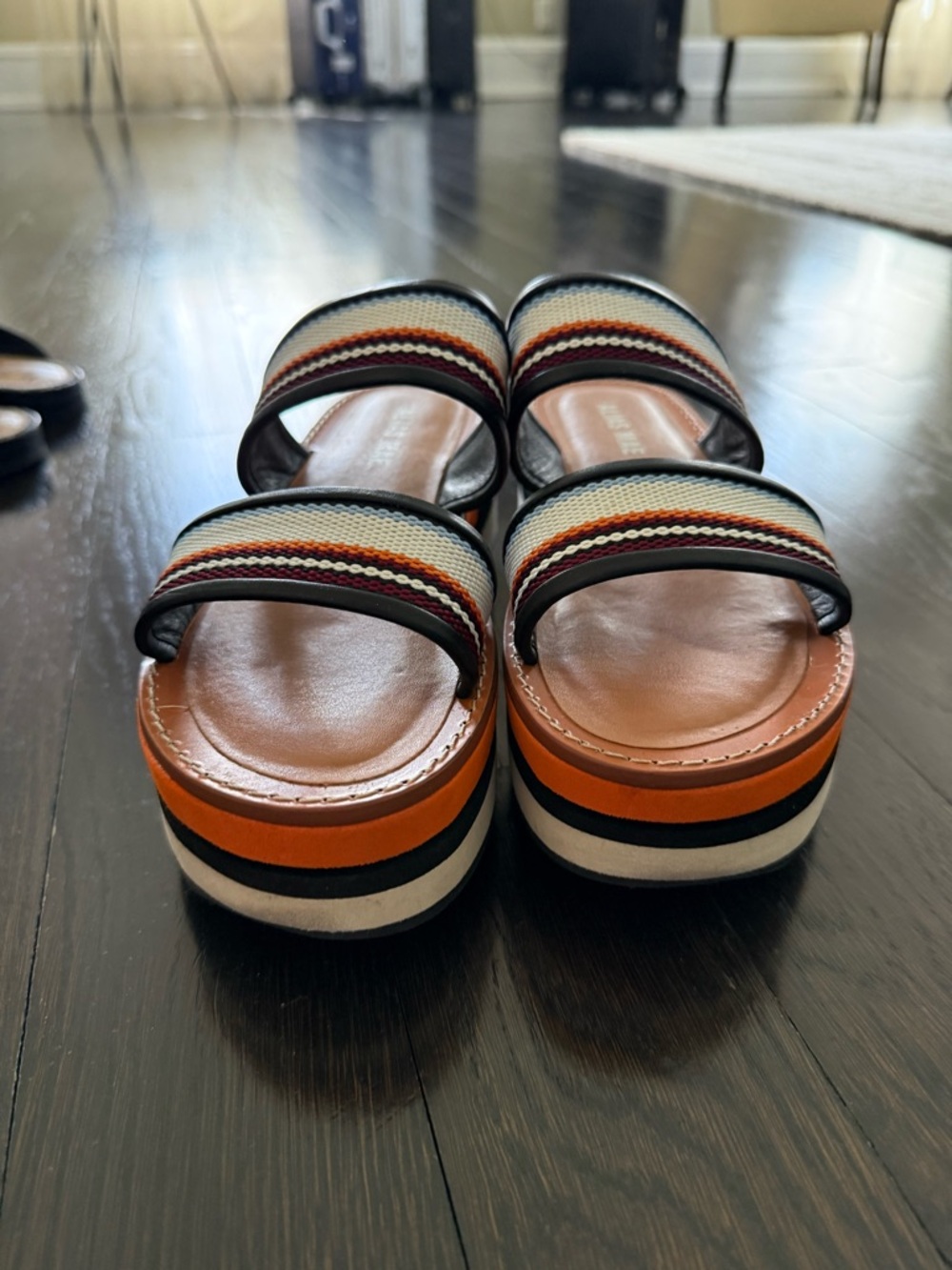 Alias Mae Striped Double-Band Platform Sandals in Orange, Black, White, Tan